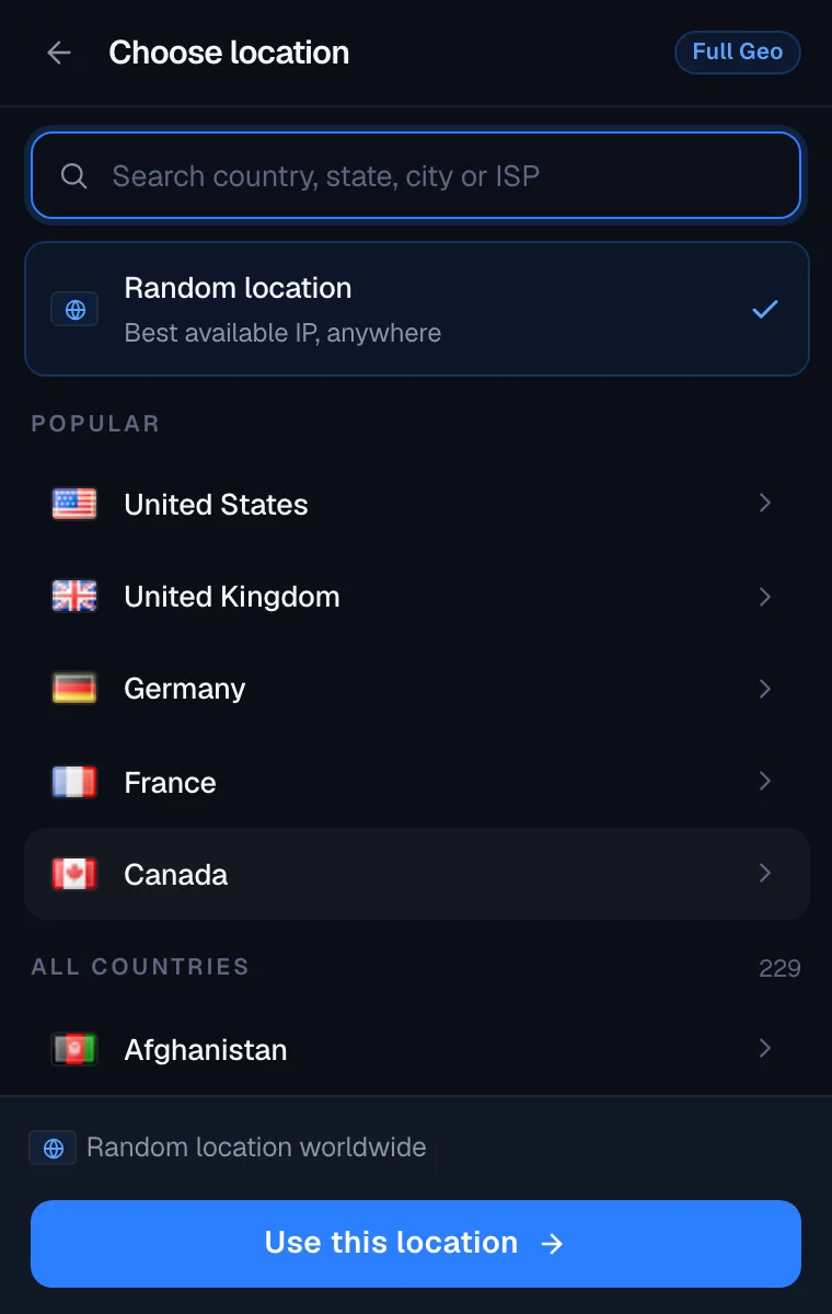 Choosing a location in the Shifter extension, with one search box for country, state, city or ISP