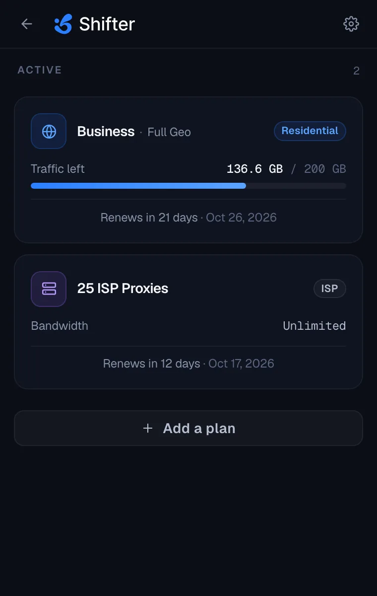 The Shifter extension listing a Residential Proxies plan with its traffic left and an ISP Proxies plan