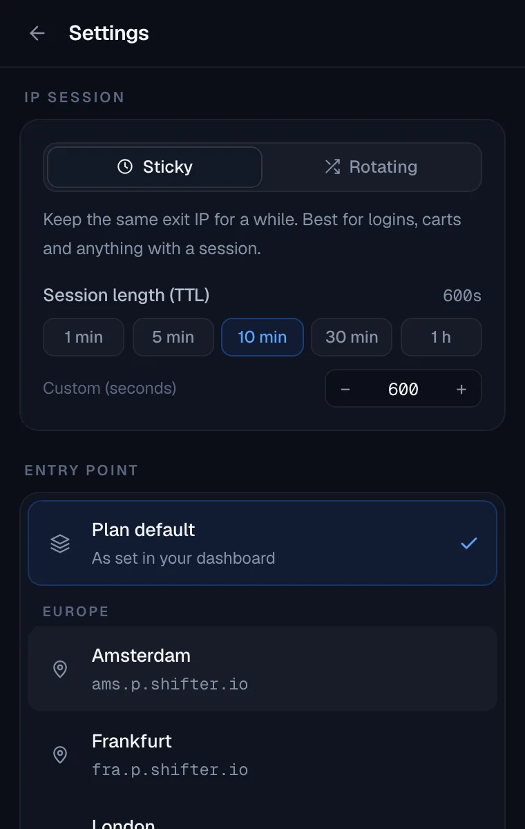 IP session settings in the Shifter extension: sticky or rotating, session length and entry point
