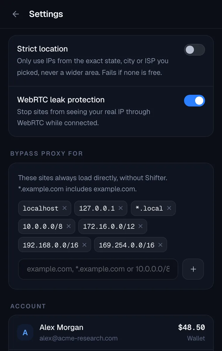 Strict location, WebRTC leak protection and the bypass list in the Shifter extension settings